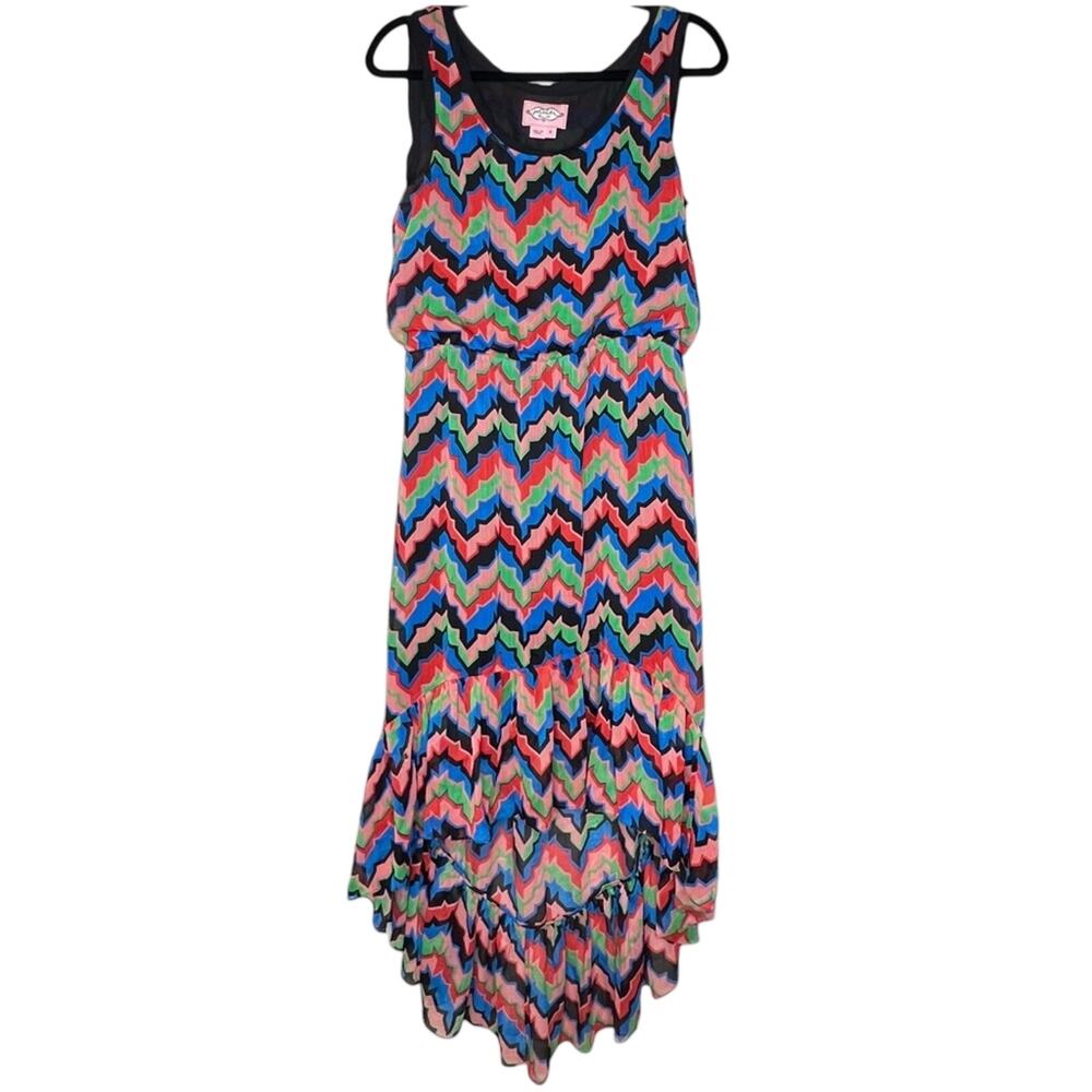 Phoebe Couture Colorful Zigzag Ruffle Hi Lo Dress Silk Trim Size 8 Pockets Boho